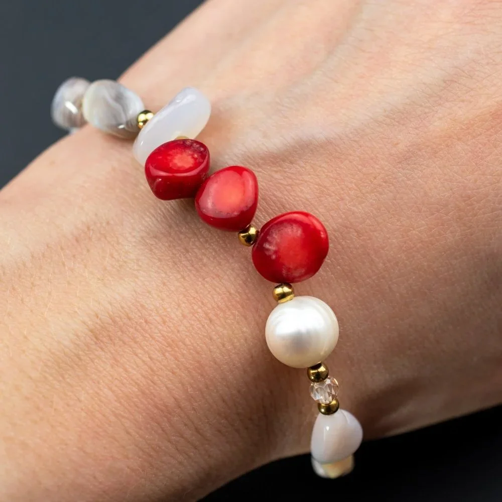 Mismatched beaded bracelet, red coral and pearl bracelet handmade